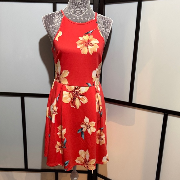 Monteau Dresses & Skirts - Monteau Red Halter Mini Dress with Cream Floral Print